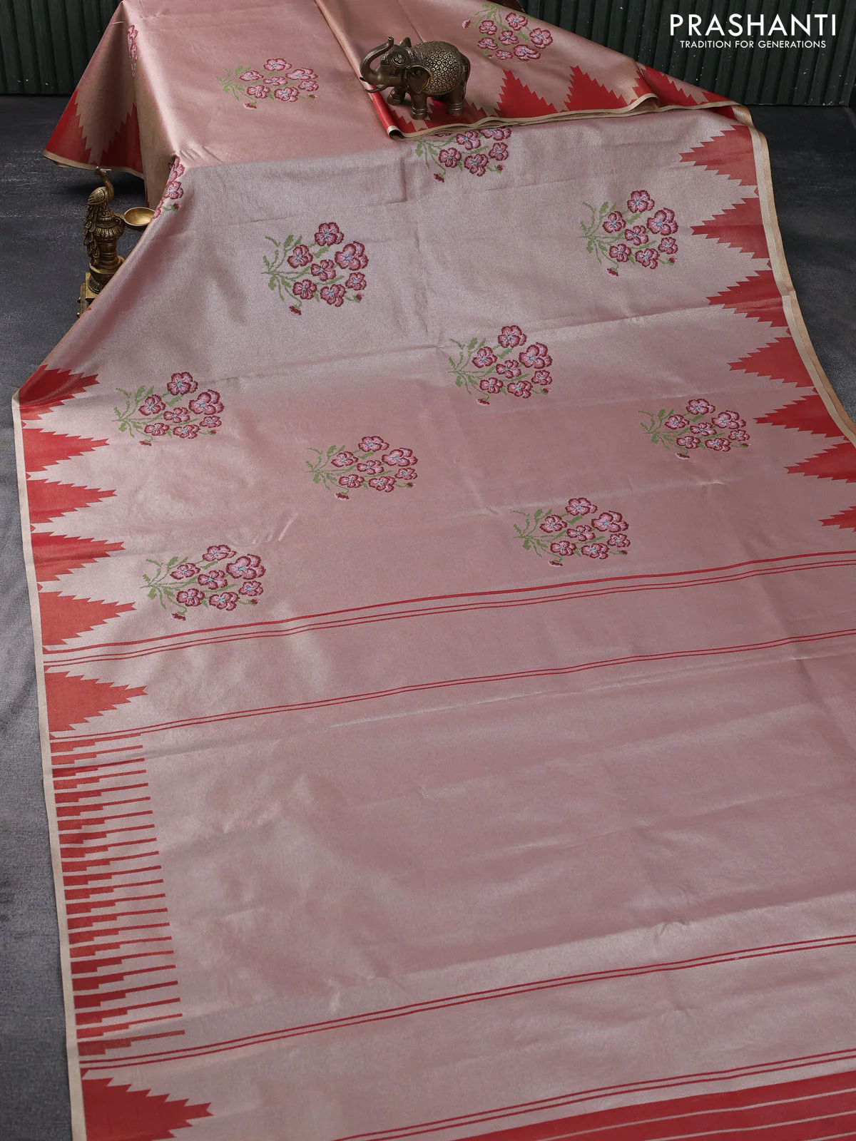 Tissue saree rust shade with embroidery work buttas and temple design zari border - Image 2