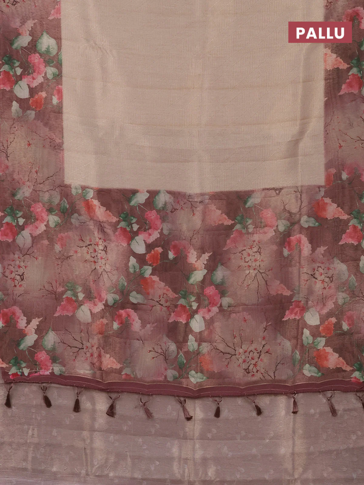 Tissue saree sandal and brown shade with allover zari weaves and floral digital printed border - Image 3