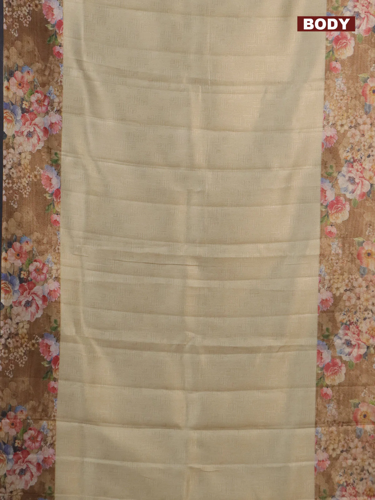 Tissue saree sandal and brown with allover zari weaves and floral digital printed border - Image 2