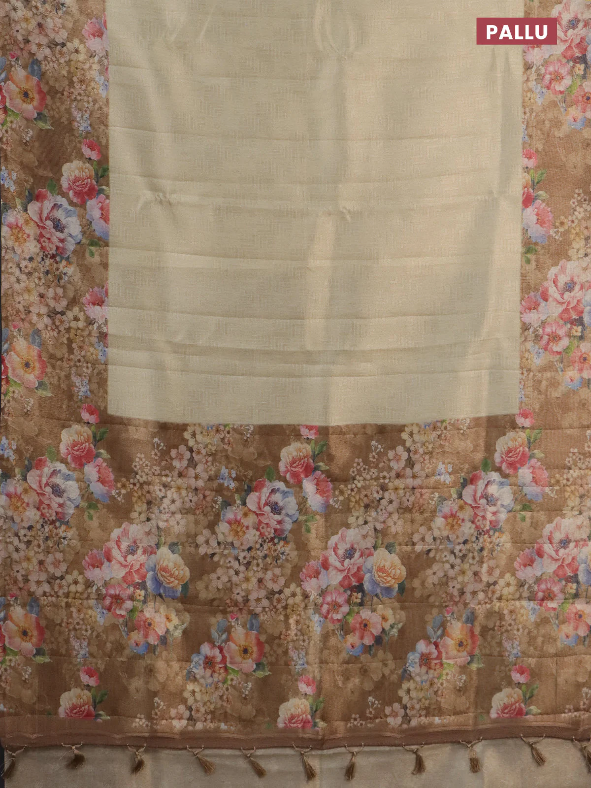 Tissue saree sandal and brown with allover zari weaves and floral digital printed border - Image 3