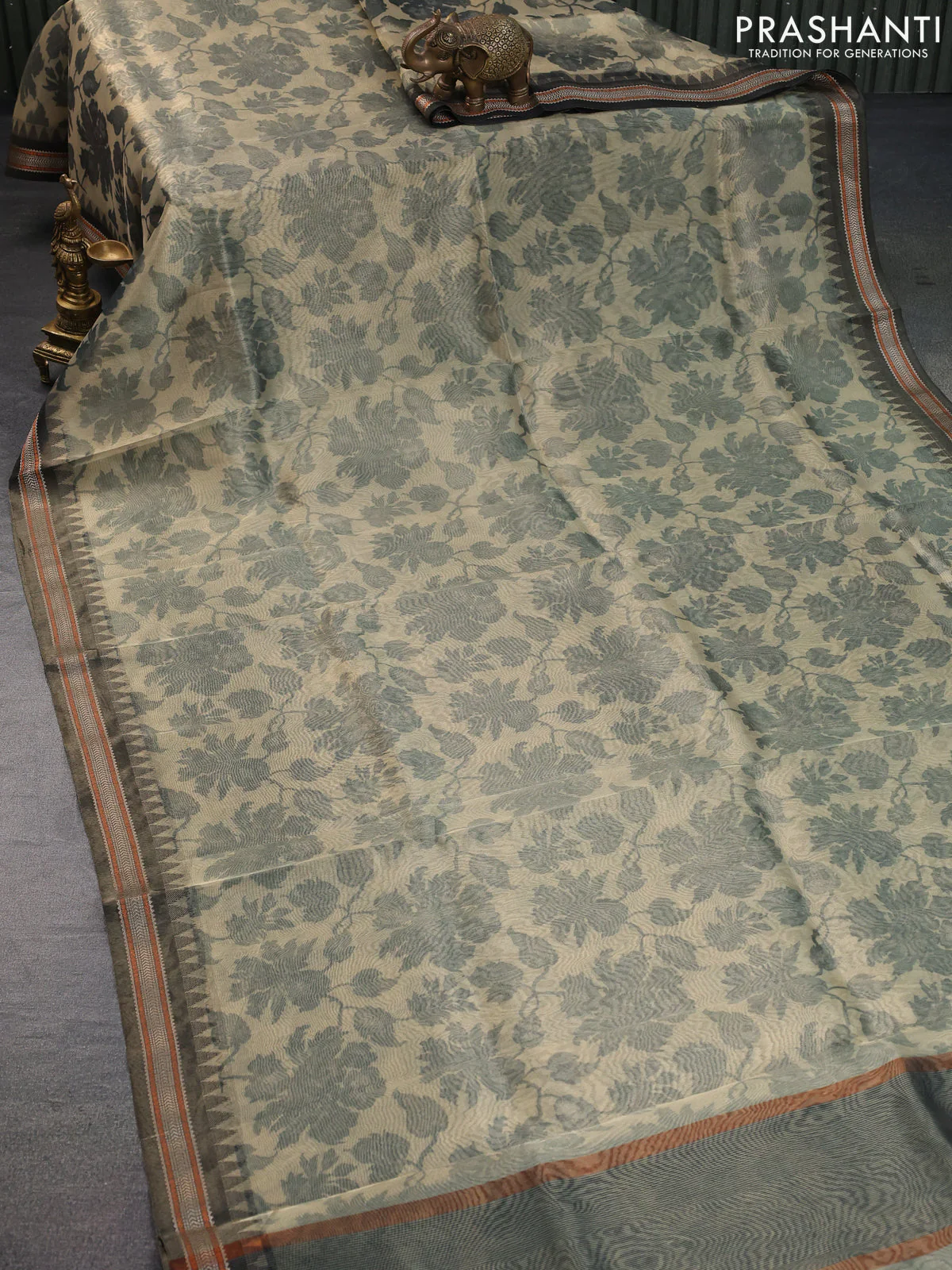 Tissue saree sandal and grey with allover floral digital prints and temple design zari woven border - Image 2