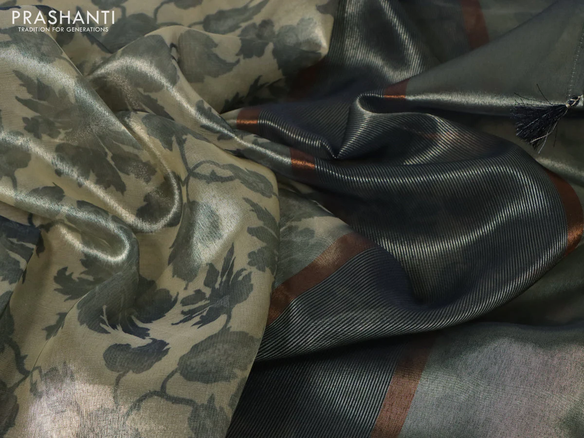 Tissue saree sandal and grey with allover floral digital prints and temple design zari woven border - Image 3