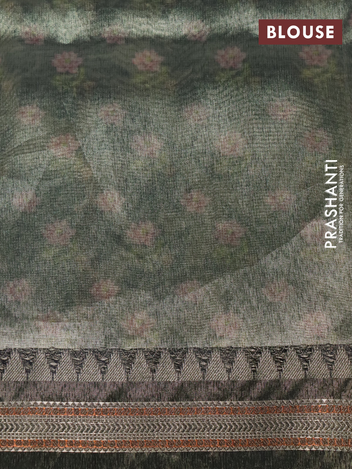 Tissue saree sandal and grey with allover floral digital prints and temple design zari woven border - Image 4