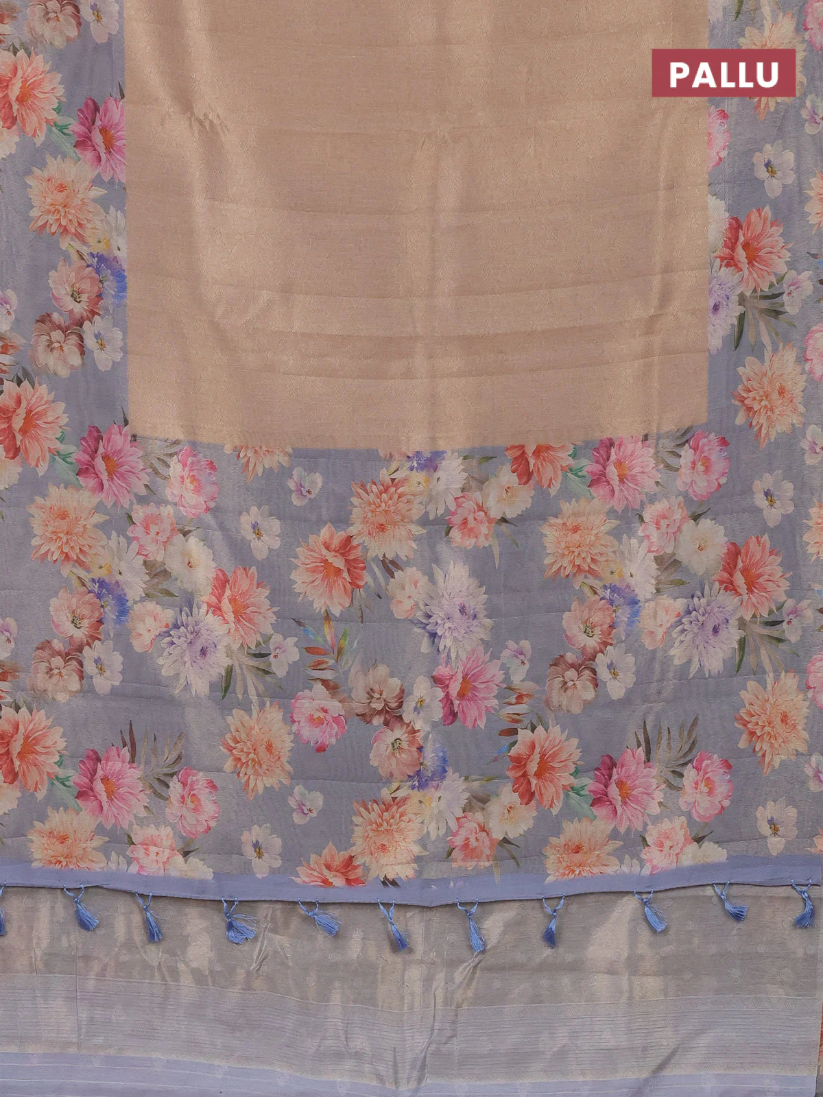 Tissue saree sandal and pastel blue with allover zari weaves and floral digital printed border - Image 3