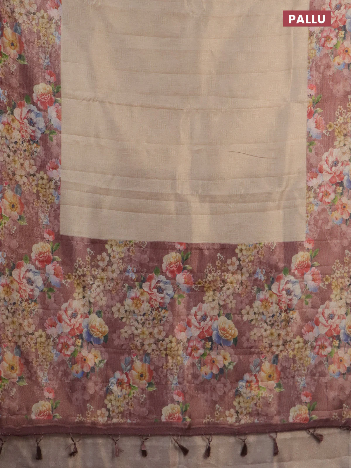 Tissue saree sandal and pastel brown with allover zari weaves and floral digital printed border - Image 3