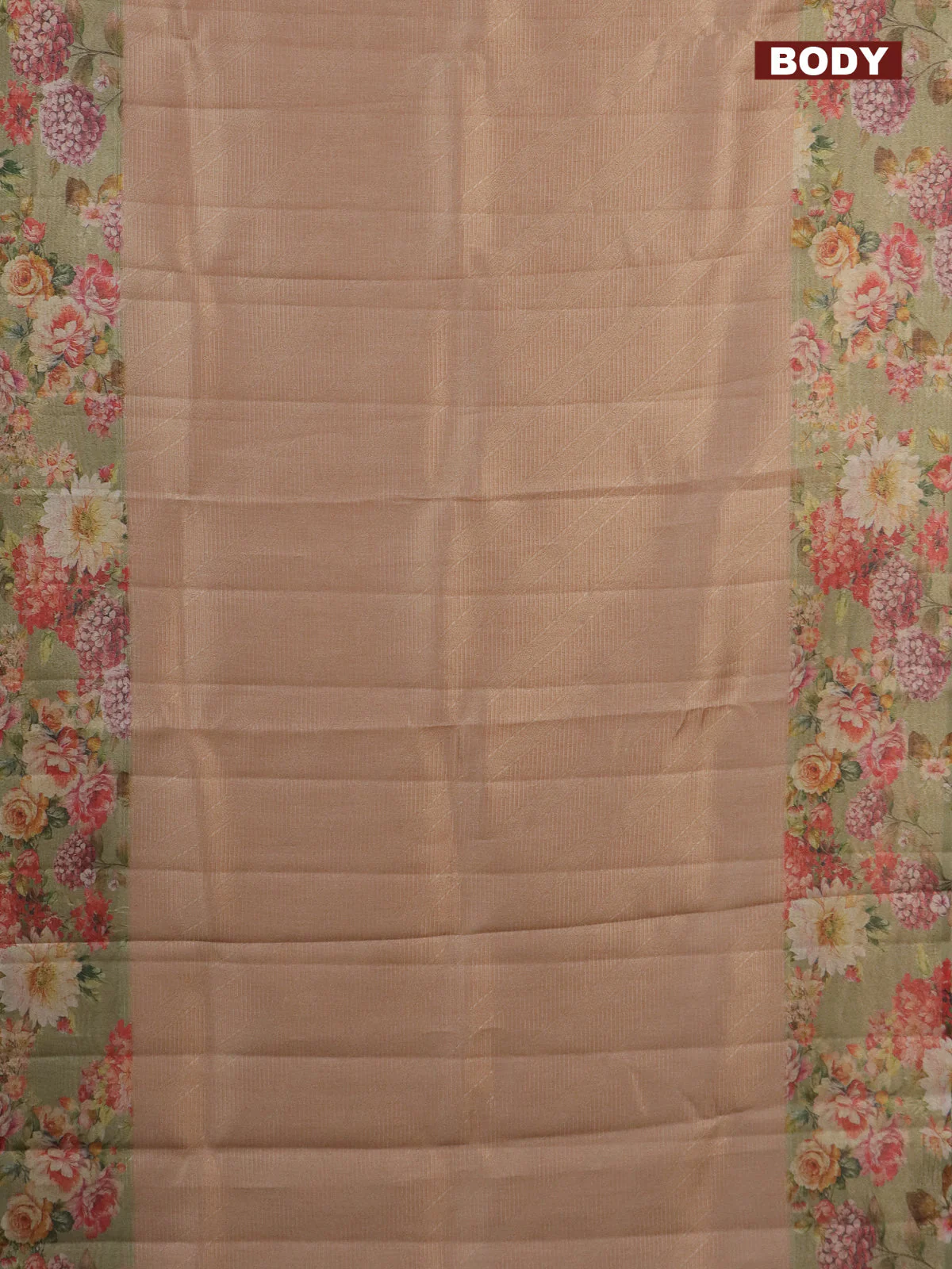 Tissue saree sandal and pastel green with allover zari weaves and floral digital printed border - Image 2