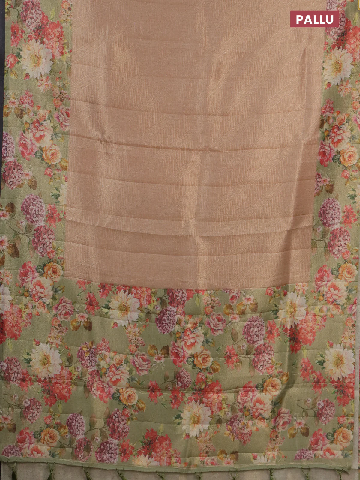 Tissue saree sandal and pastel green with allover zari weaves and floral digital printed border - Image 3