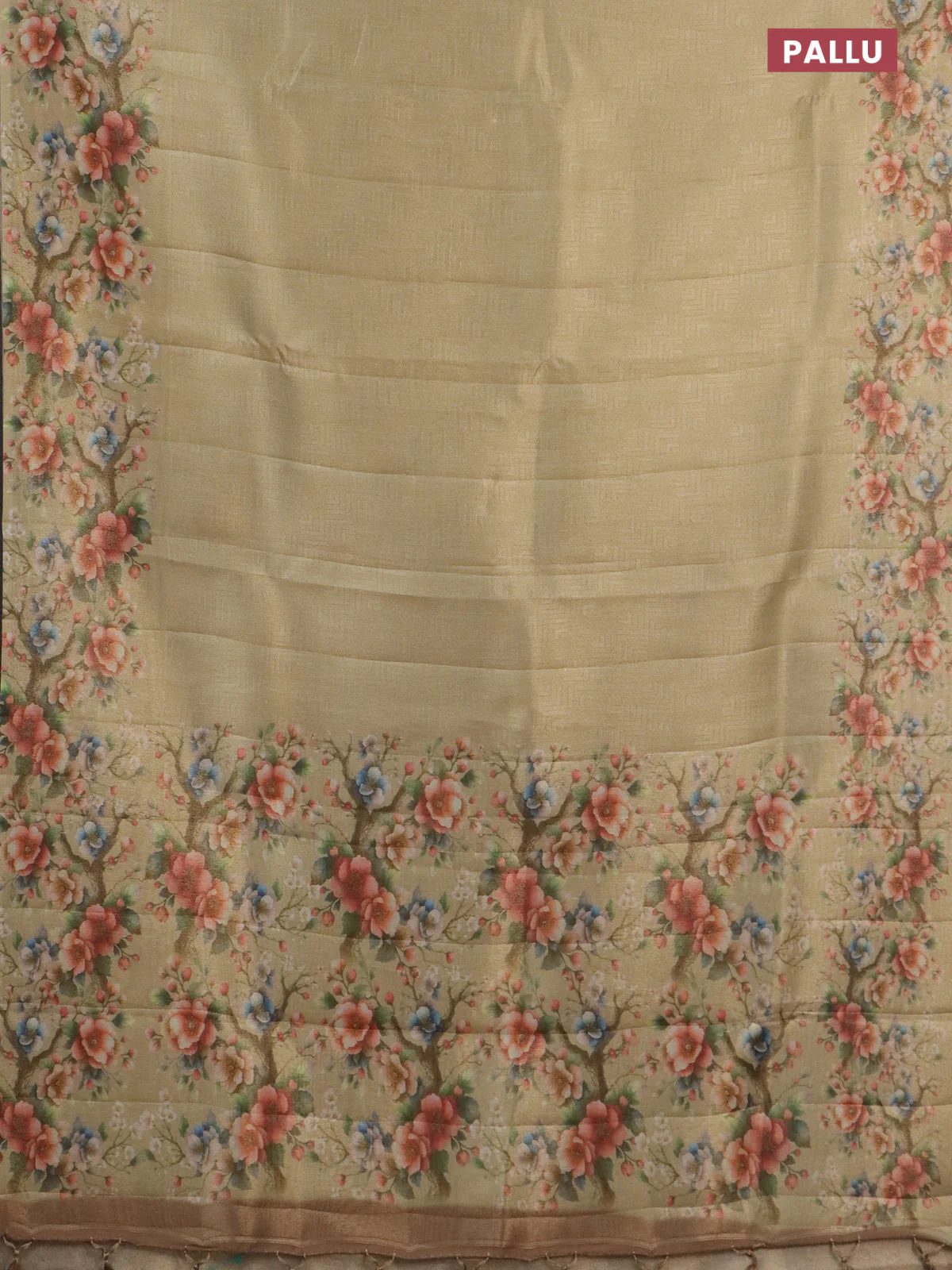 Tissue saree sandal with allover zari weaves and floral digital printed border - Image 3