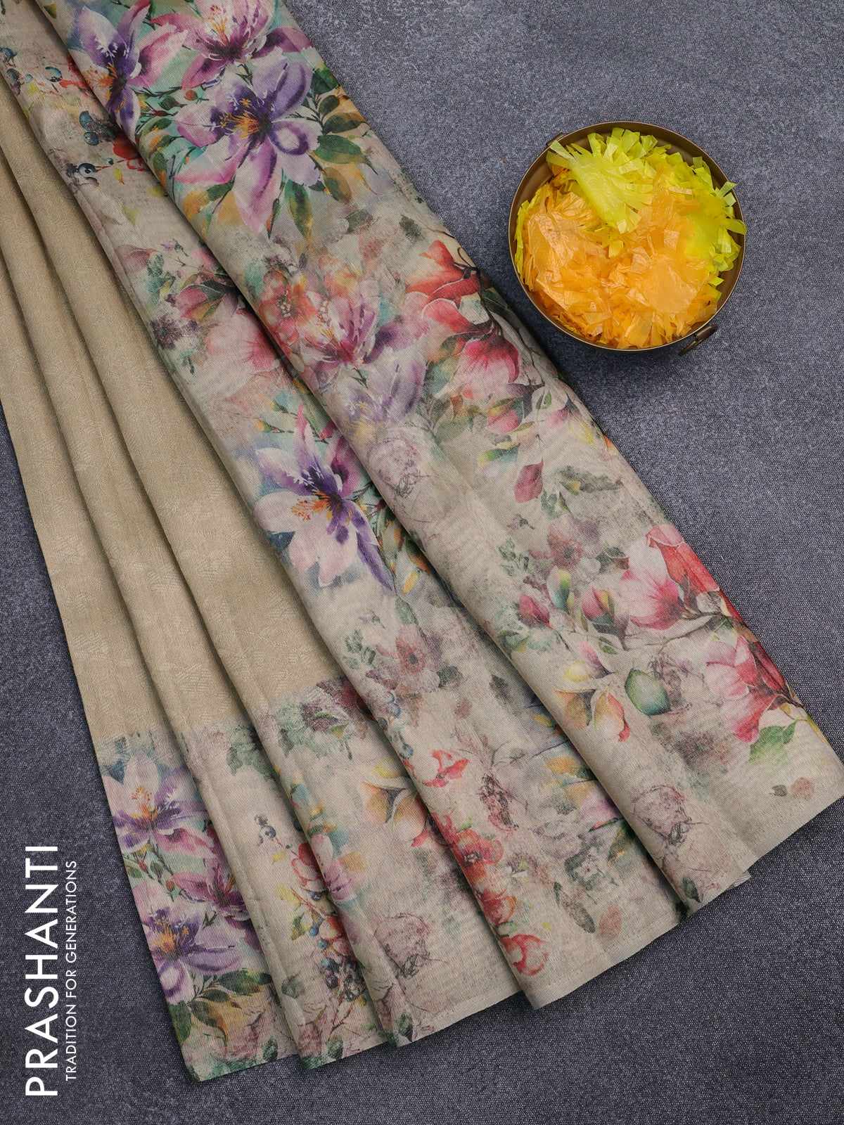 Tissue saree sandal with allover zari weaves and floral digital printed border