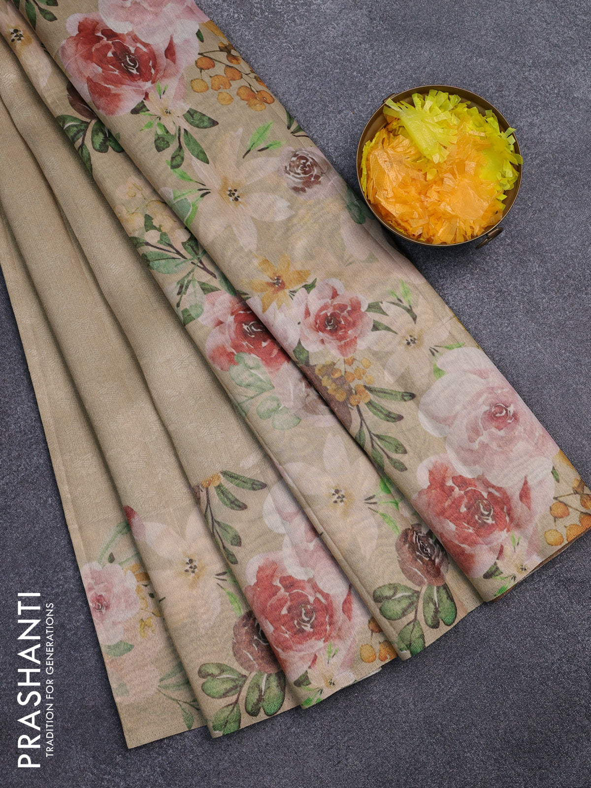 Tissue saree sandal with allover zari weaves and floral digital printed border