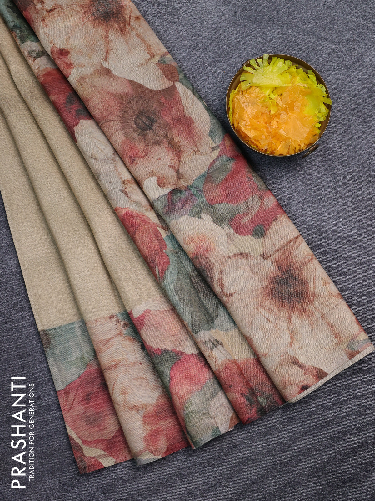 Tissue saree sandal with allover zari weaves and floral digital printed border