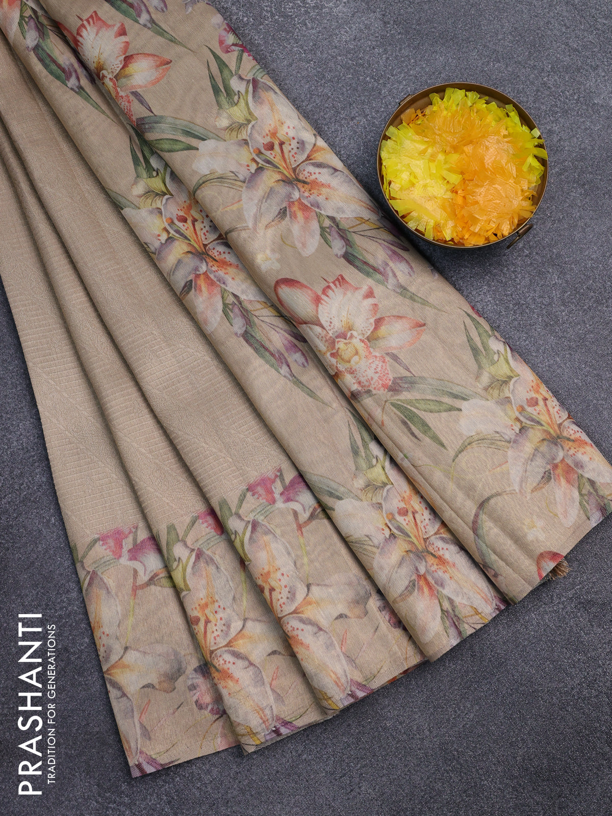 Tissue saree sandal with allover zari weaves and floral digital printed border