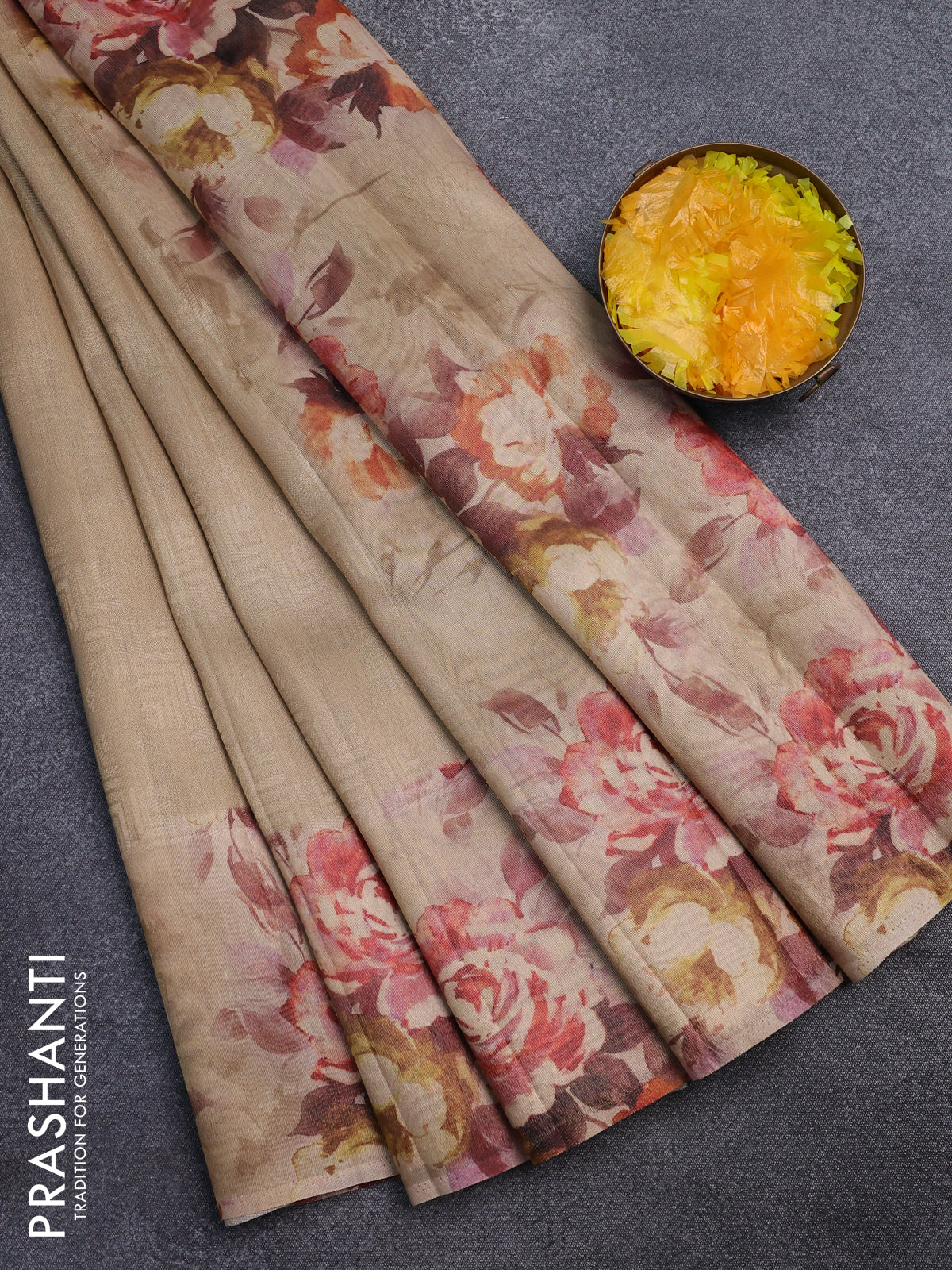 Tissue saree sandal with allover zari weaves and floral digital printed border