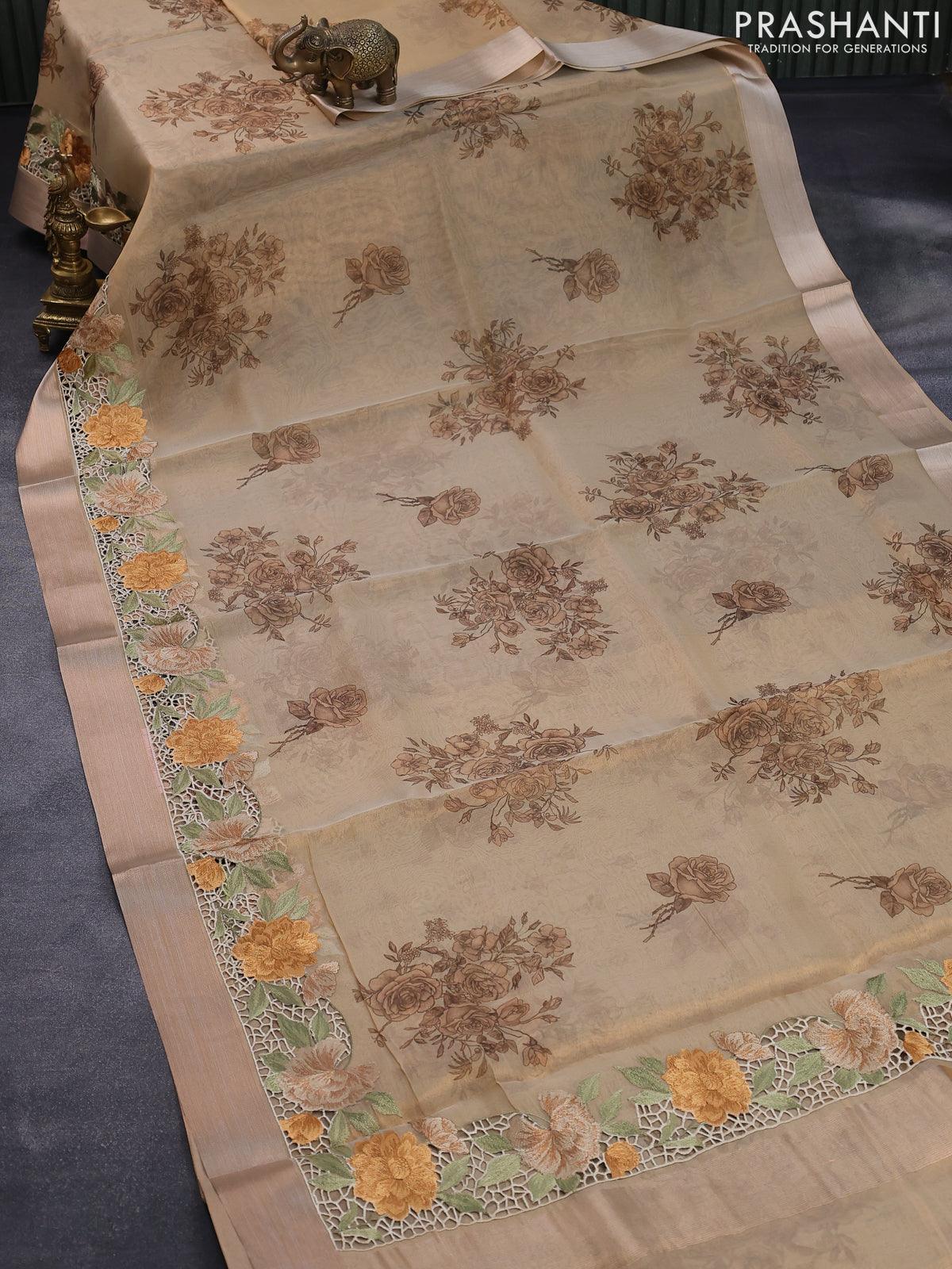 Tissue saree sandal with floral digital prints and embroidery floral design cut work border - Image 2