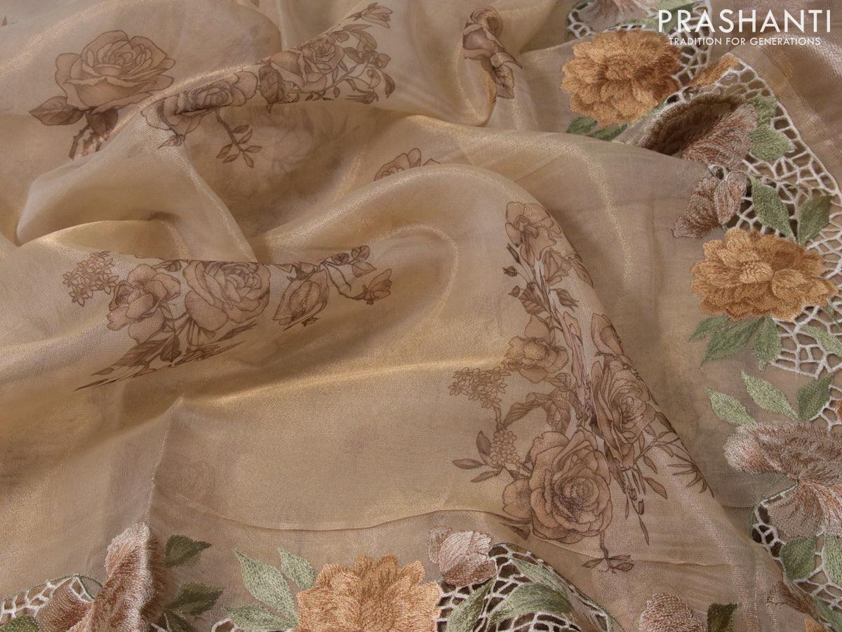 Tissue saree sandal with floral digital prints and embroidery floral design cut work border - Image 3