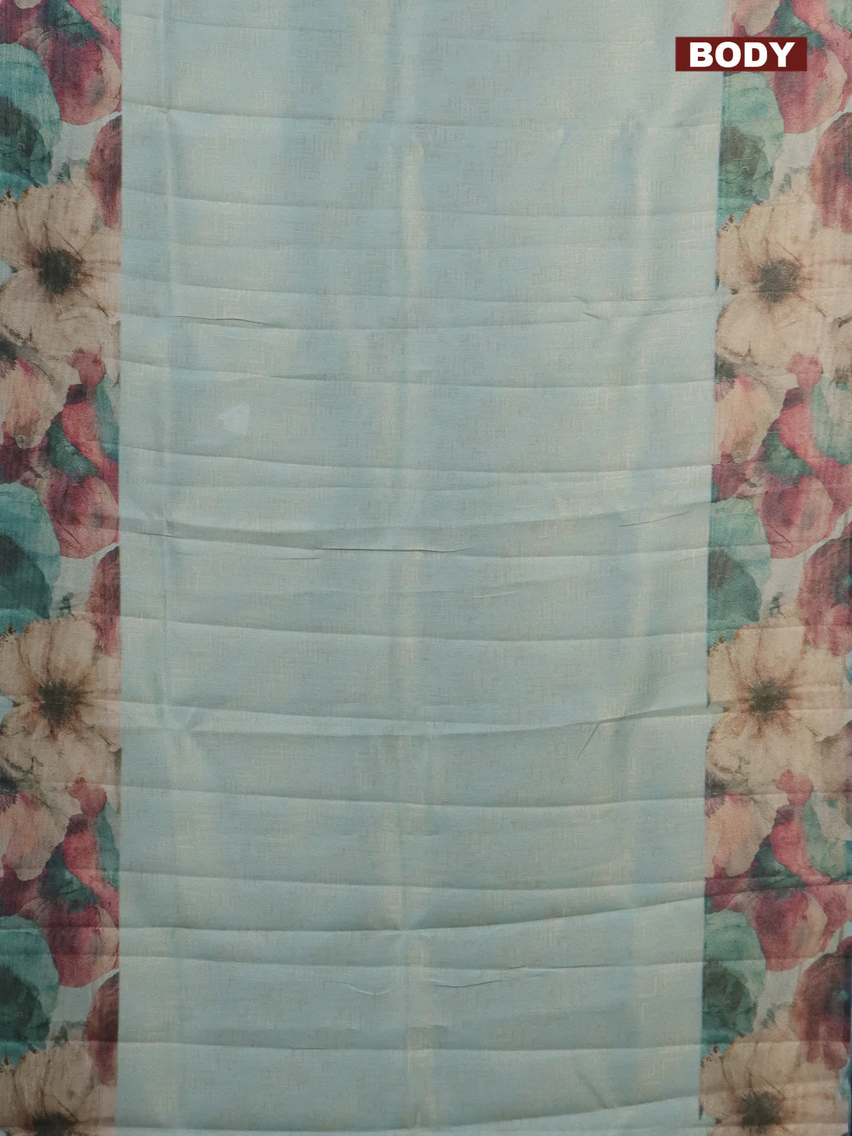 Tissue saree teal blue with allover zari weaves and floral digital printed border - Image 2