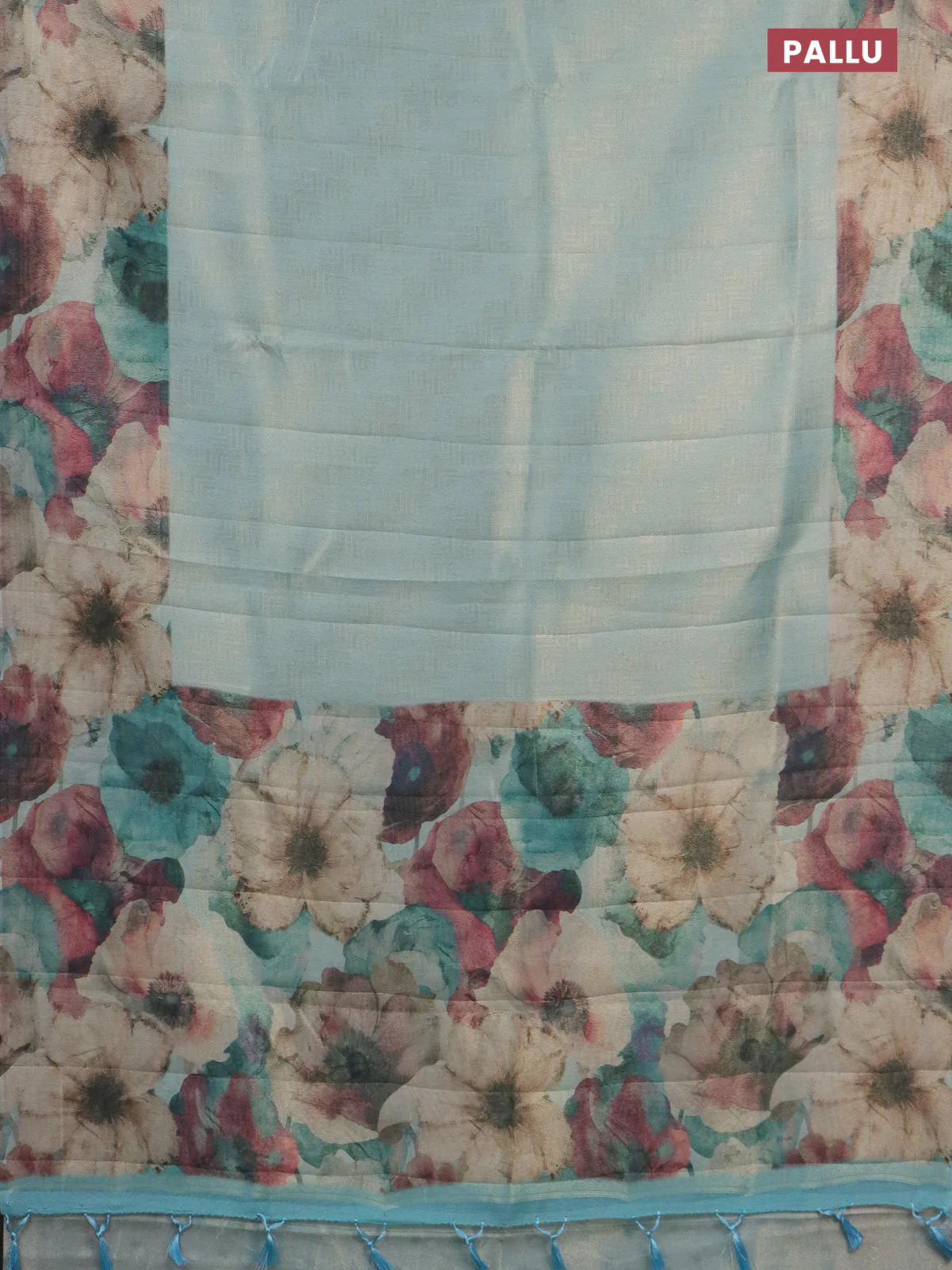 Tissue saree teal blue with allover zari weaves and floral digital printed border - Image 3