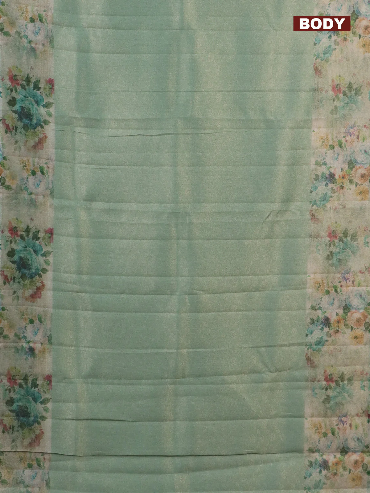 Tissue saree teal green shade with allover zari weaves and floral digital printed border - Image 2