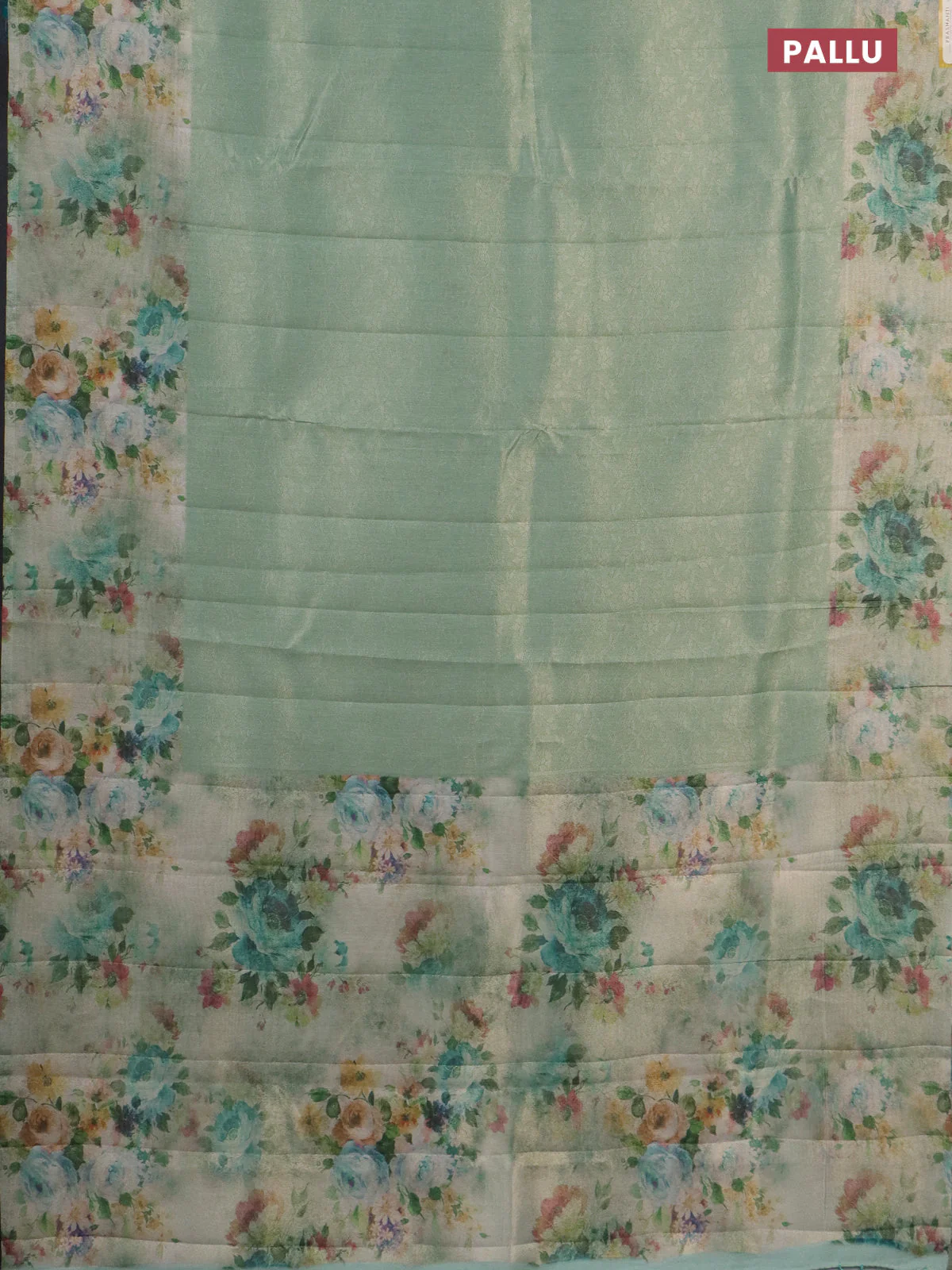 Tissue saree teal green shade with allover zari weaves and floral digital printed border - Image 3
