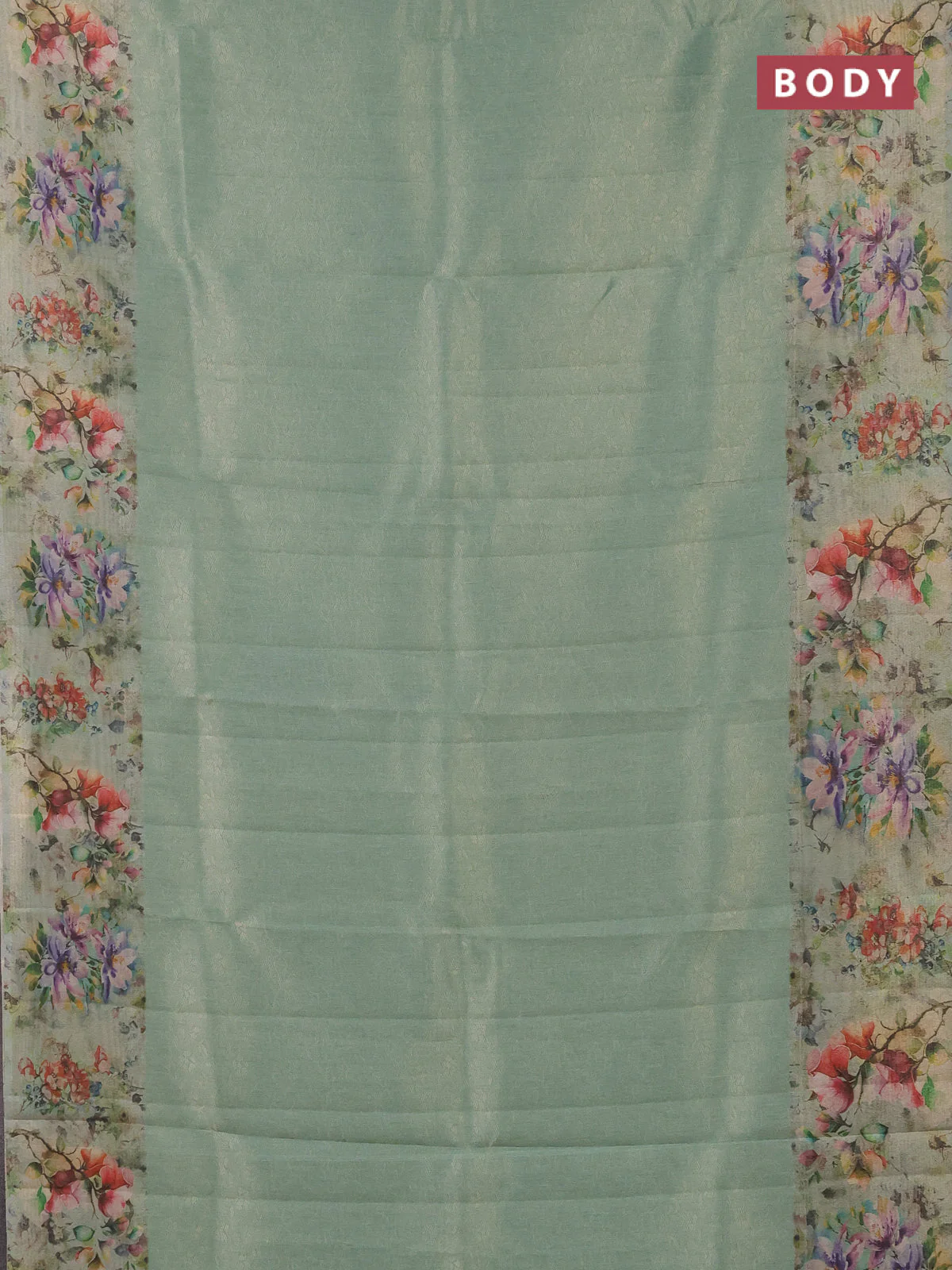 Tissue saree teal green shade with allover zari weaves and floral digital printed border - Image 2