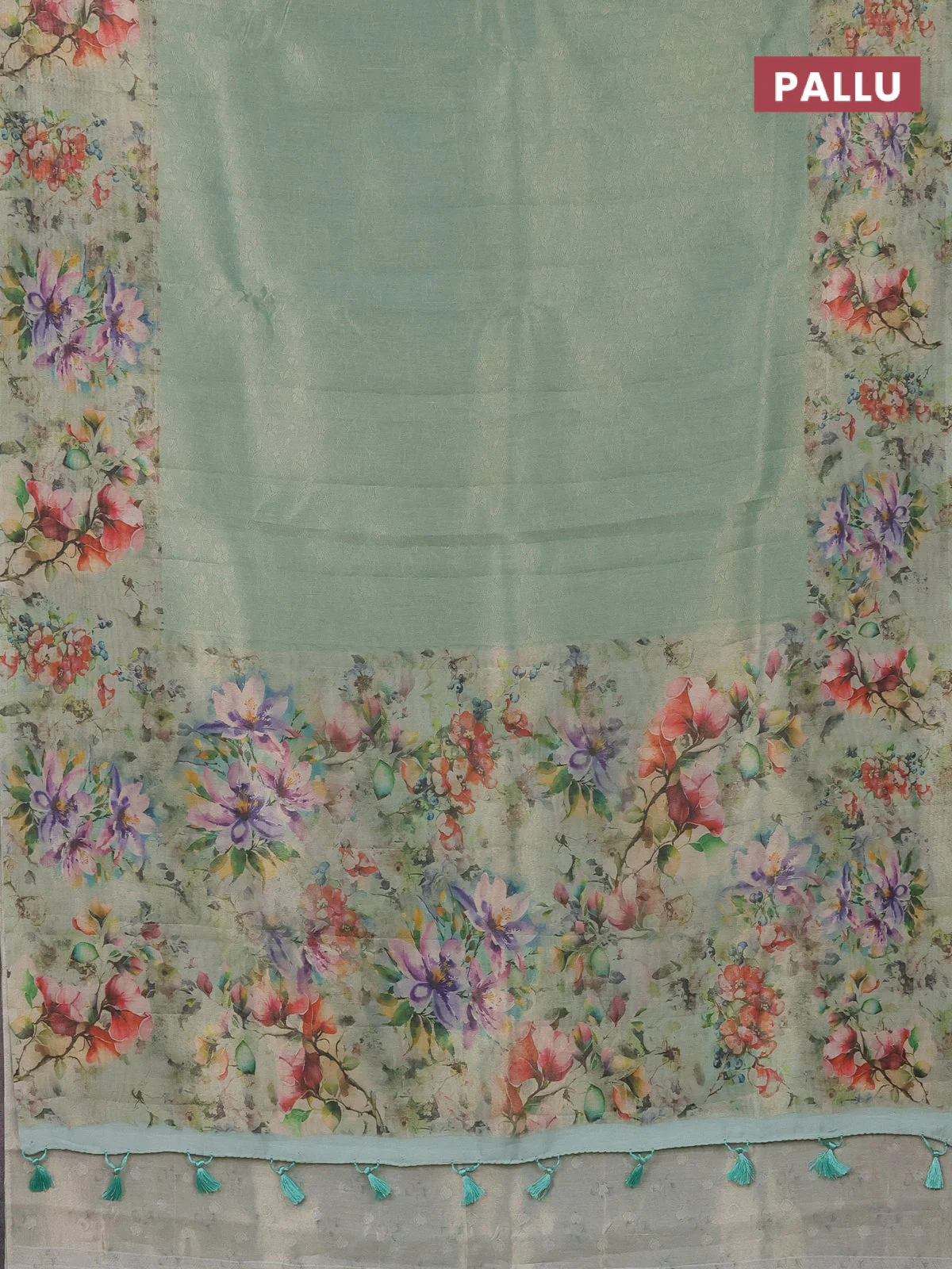 Tissue saree teal green shade with allover zari weaves and floral digital printed border - Image 3