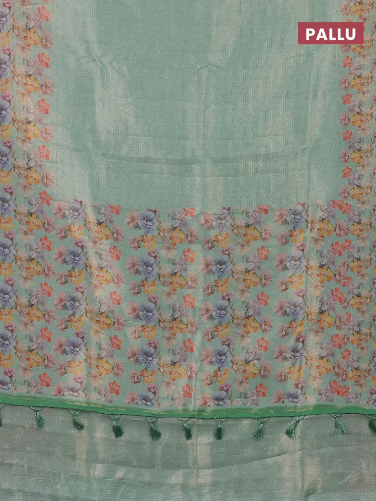 Tissue saree teal green shade with allover zari weaves and floral digital printed border - Image 3