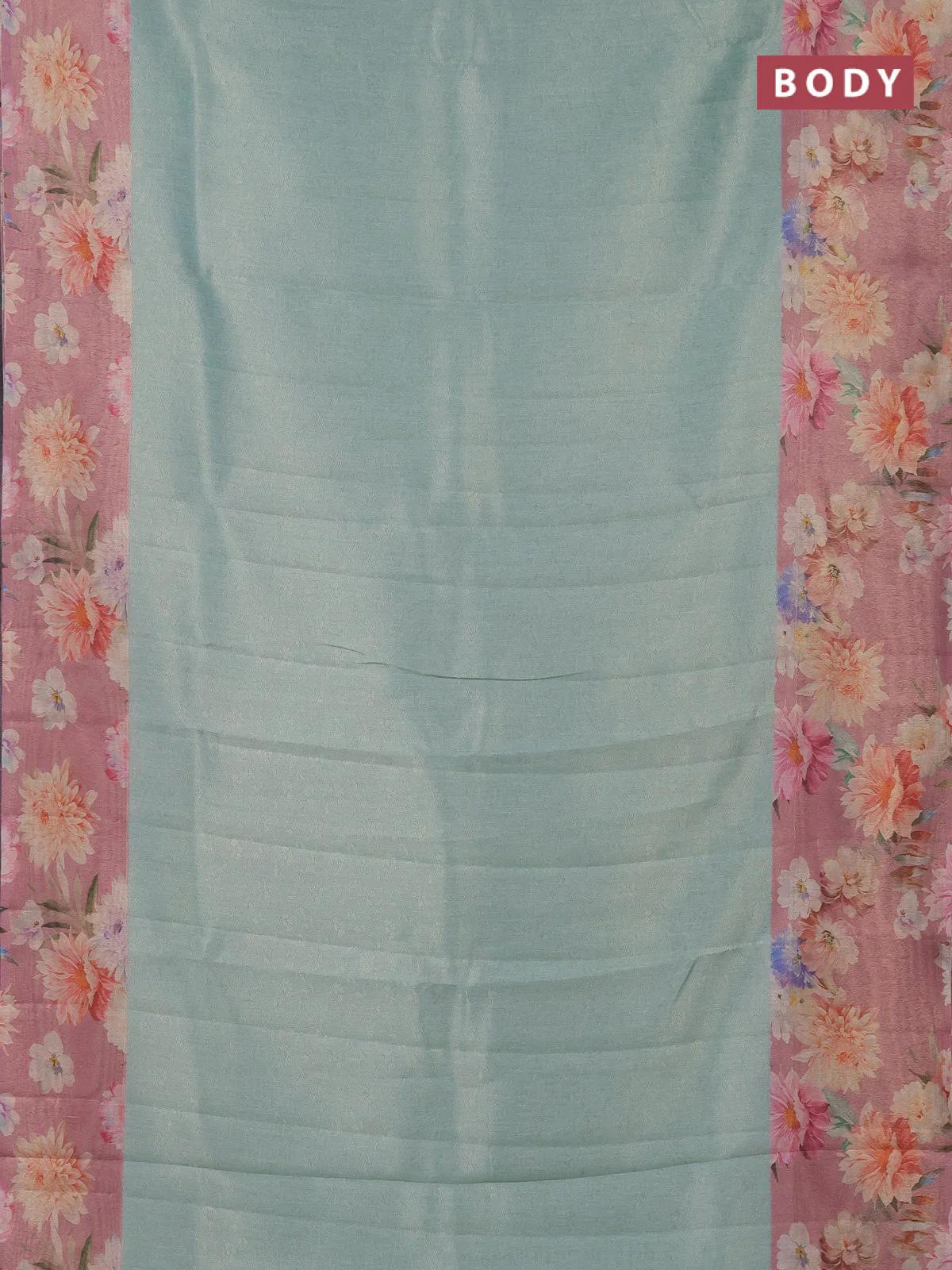 Tissue saree teal shade and pink with allover zari weaves and floral digital printed border - Image 2