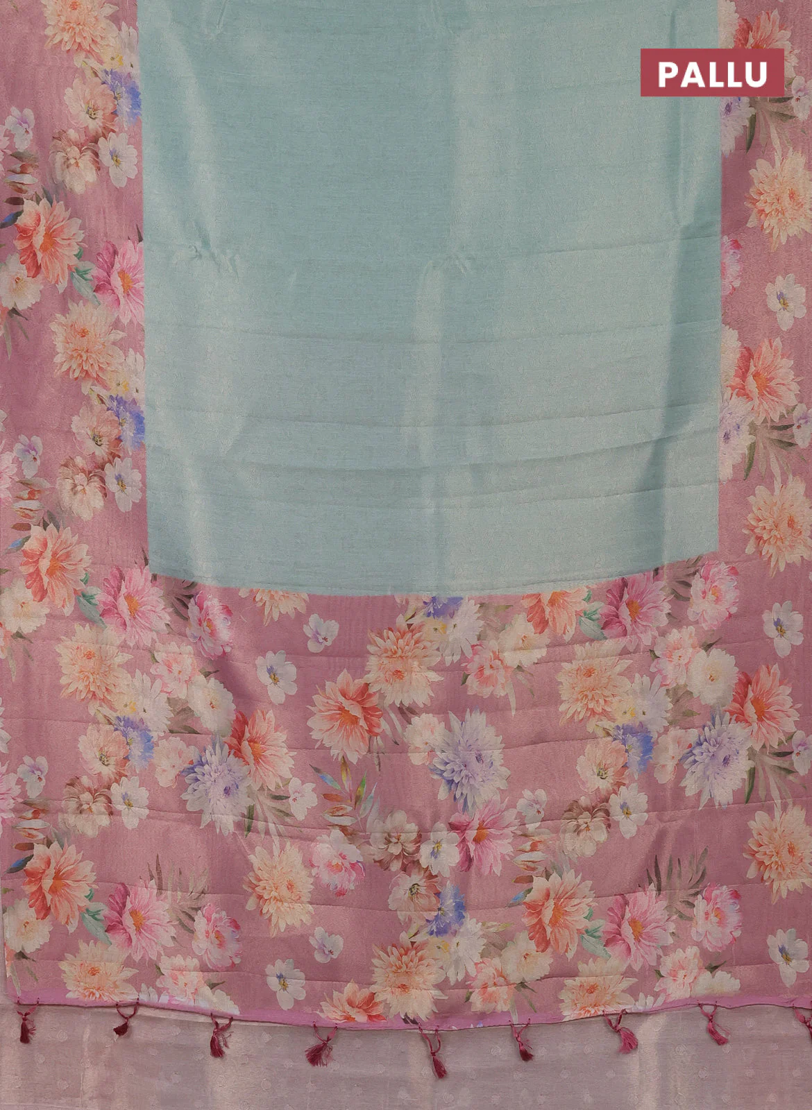 Tissue saree teal shade and pink with allover zari weaves and floral digital printed border - Image 3