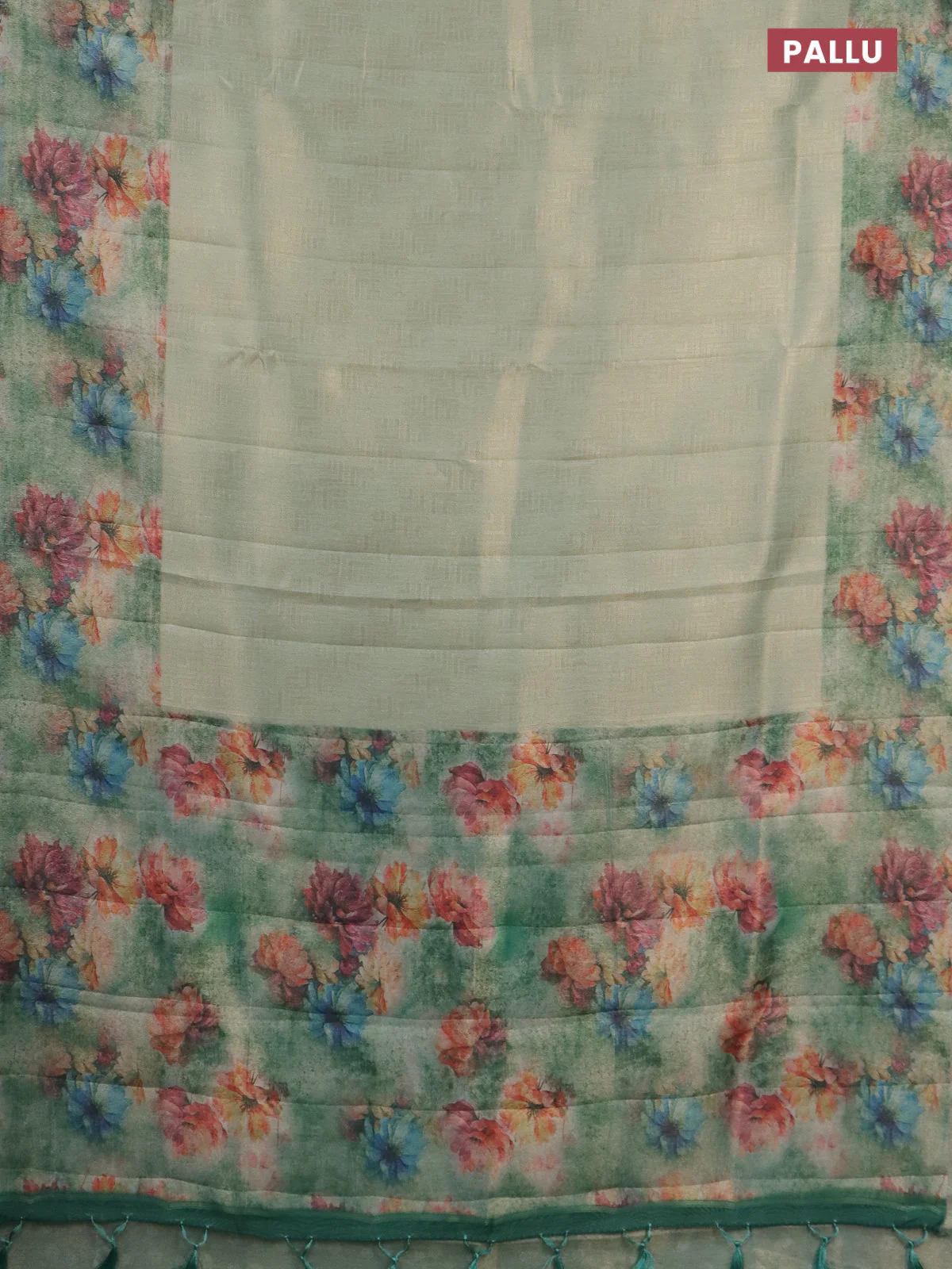 Tissue saree teal shade and teal green with allover zari weaves and floral digital printed border - Image 3