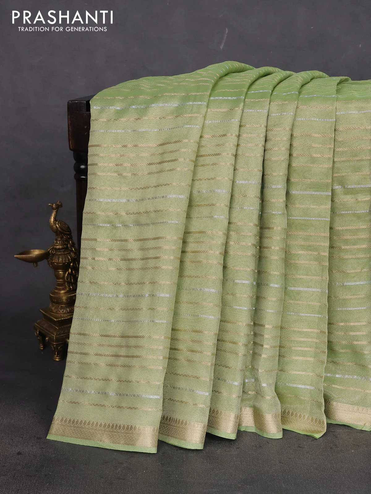 Tissue silk saree light green with allover silver & gold zari weaves and zari woven border - Image 2