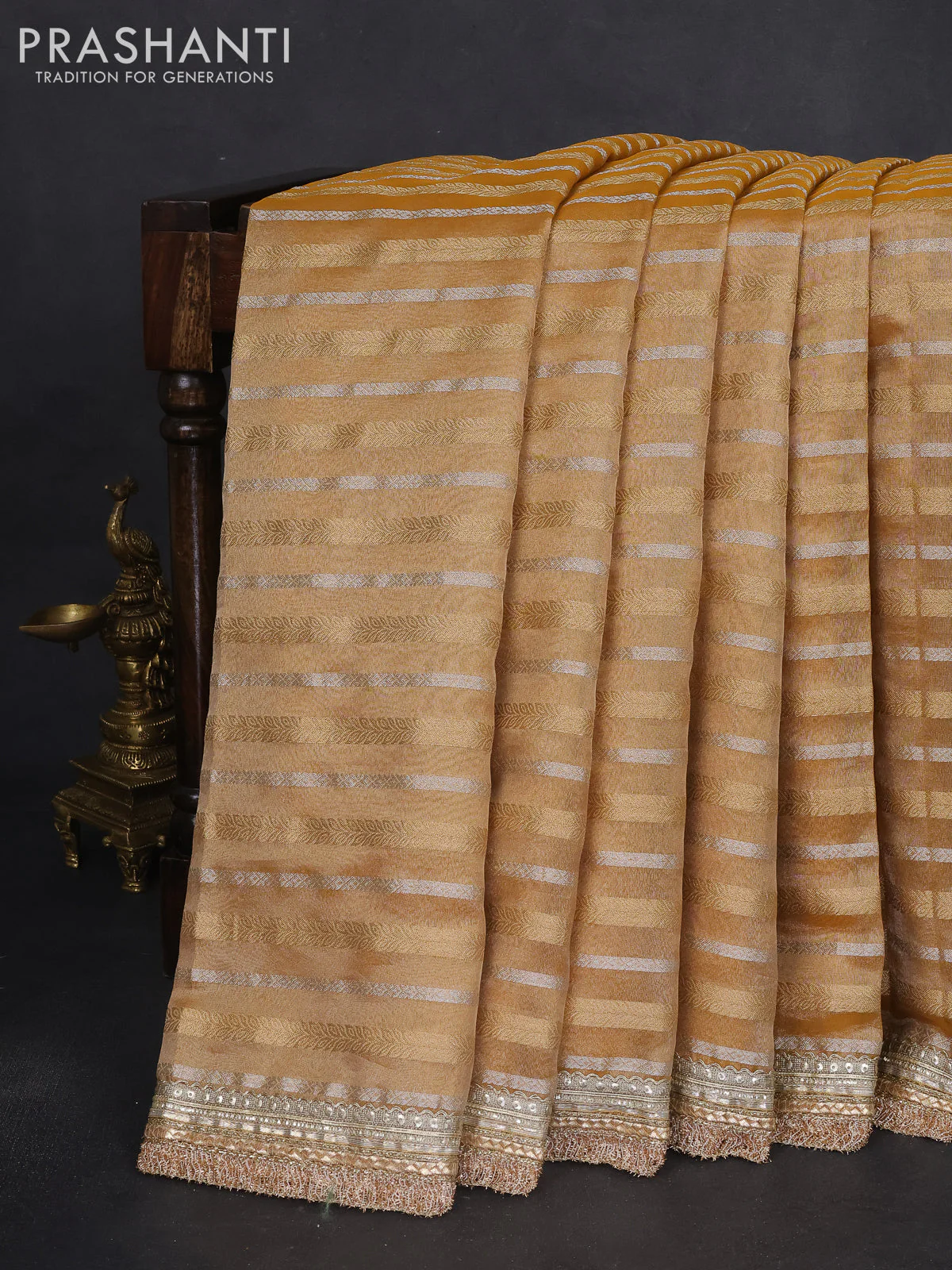 Tissue silk saree mustard yellow and yellow with zari weaves & lace work border - Image 2