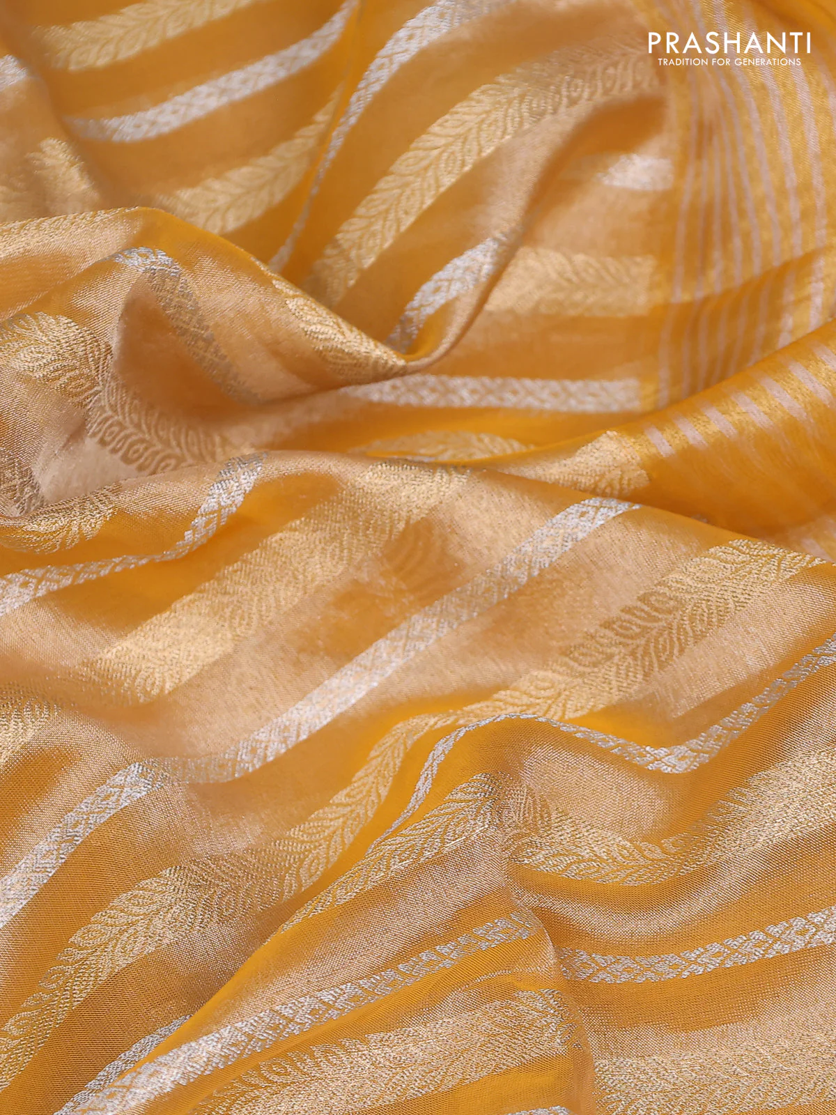 Tissue silk saree mustard yellow and yellow with zari weaves & lace work border - Image 3