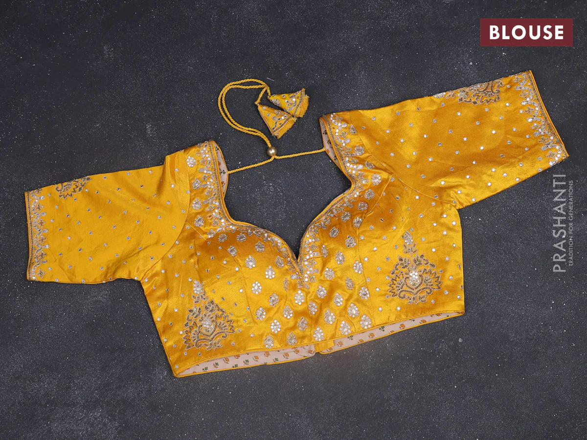 Tissue silk saree mustard yellow and yellow with zari weaves & lace work border - Image 4