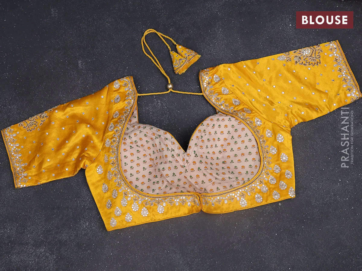 Tissue silk saree mustard yellow and yellow with zari weaves & lace work border - Image 5