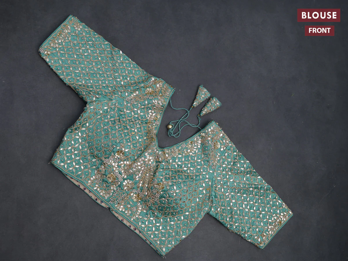 Tissue silk saree pastel green shade with allover silver & gold zari weaves and zari woven border - Image 3