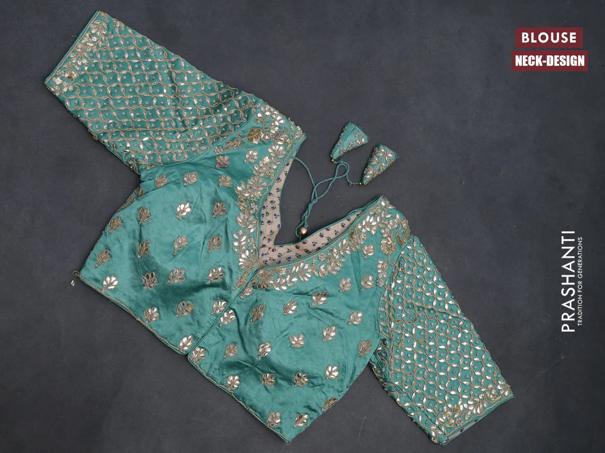 Tissue silk saree pastel green shade with allover silver & gold zari weaves and zari woven border - Image 4