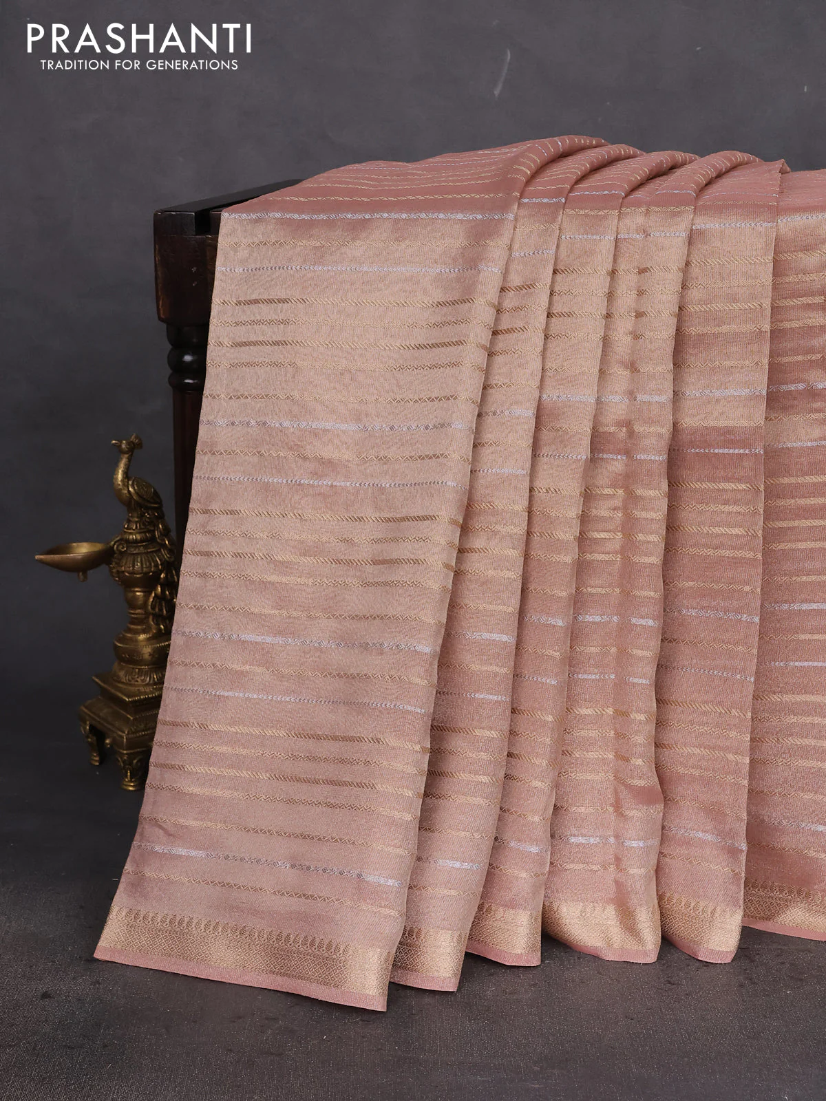 Tissue silk saree pastel peach with allover silver & gold zari weaves and zari woven border - Image 2