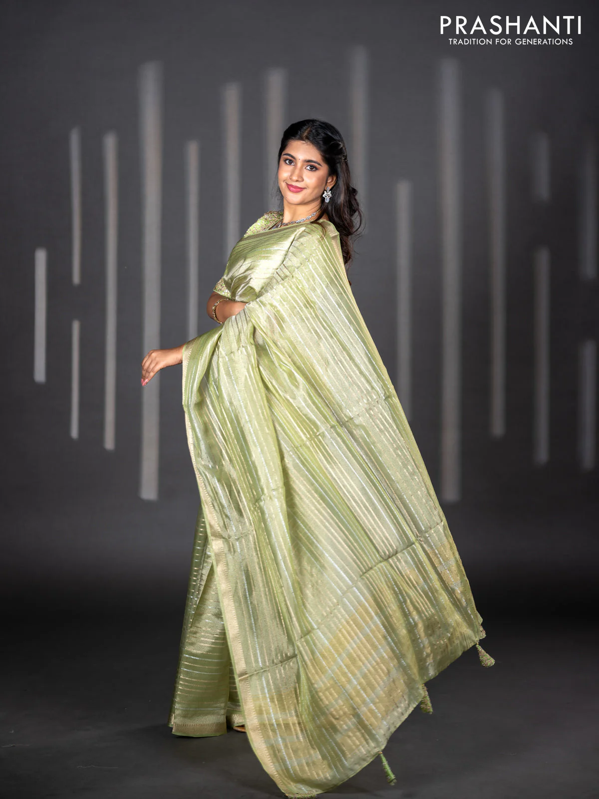 Tissue silk saree pista green with allover silver & zari weaves and zari woven border - Image 2