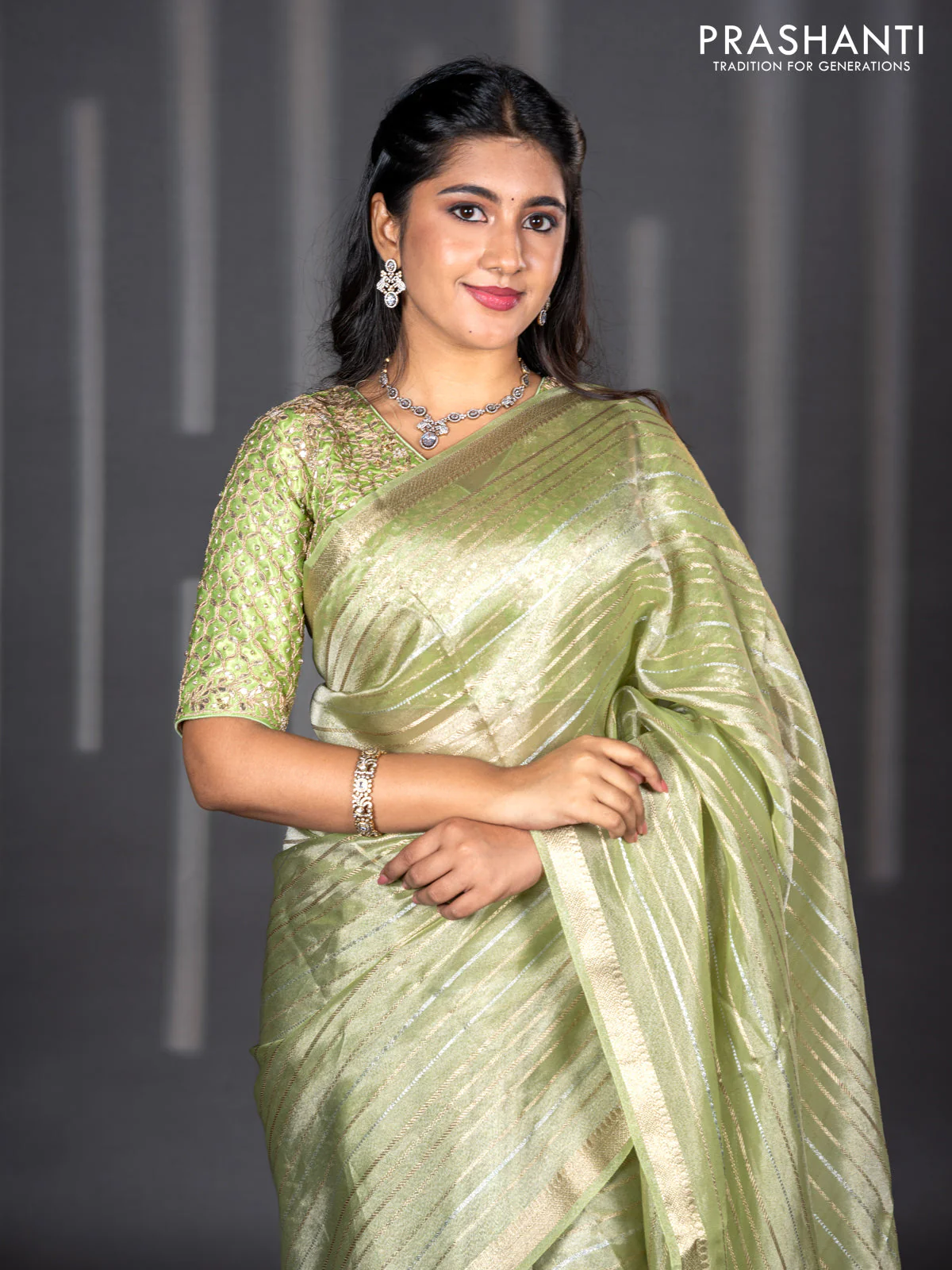 Tissue silk saree pista green with allover silver & zari weaves and zari woven border - Image 4