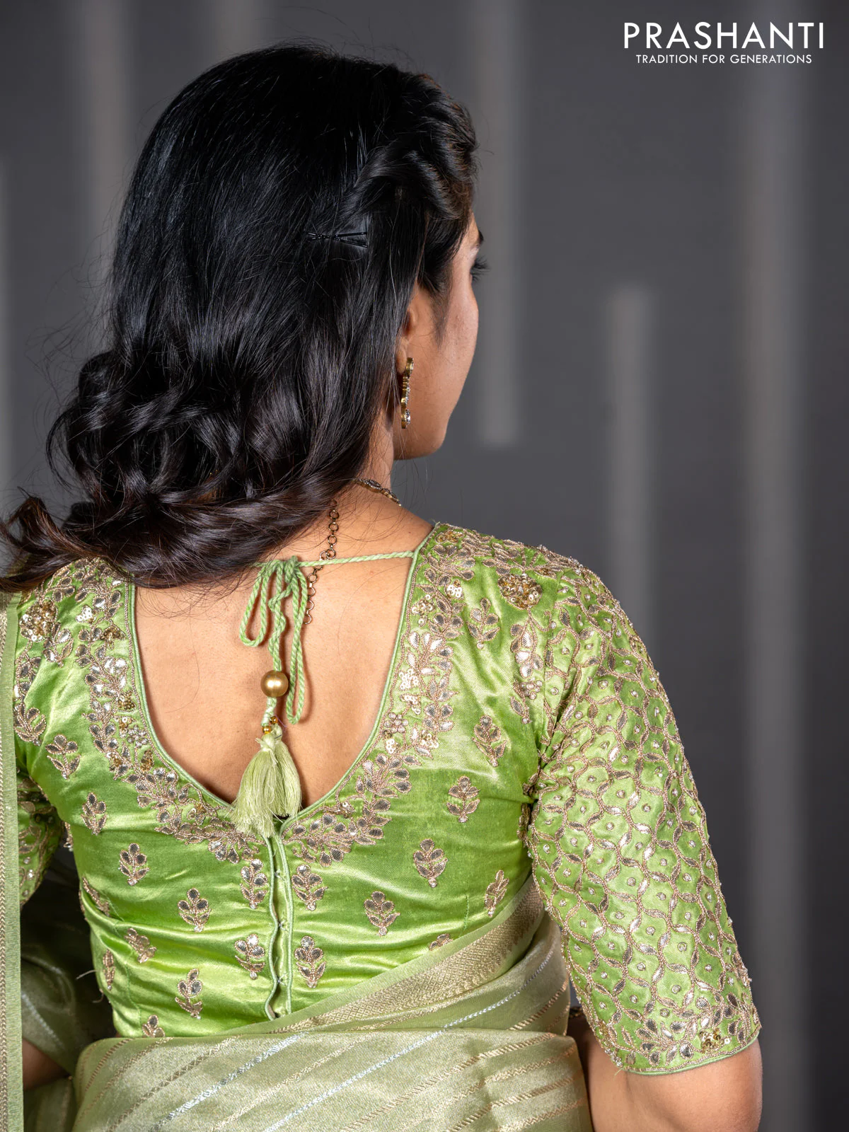 Tissue silk saree pista green with allover silver & zari weaves and zari woven border - Image 6