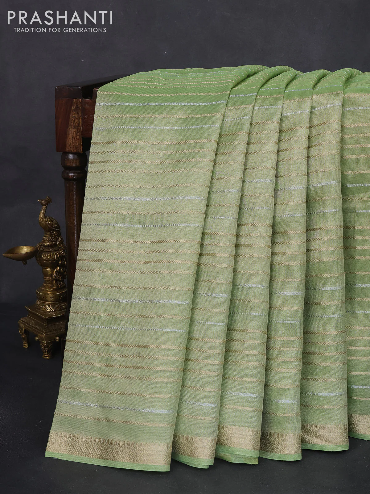 Tissue silk saree pista green with silver & gold zari stripes - Image 2