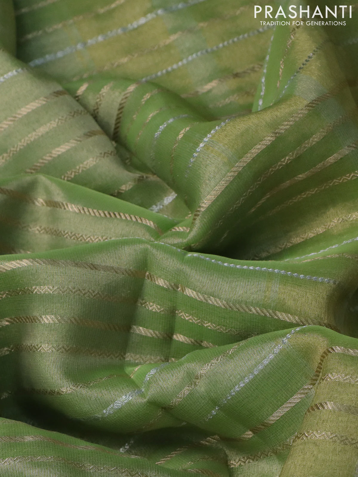 Tissue silk saree pista green with silver & gold zari stripes - Image 3