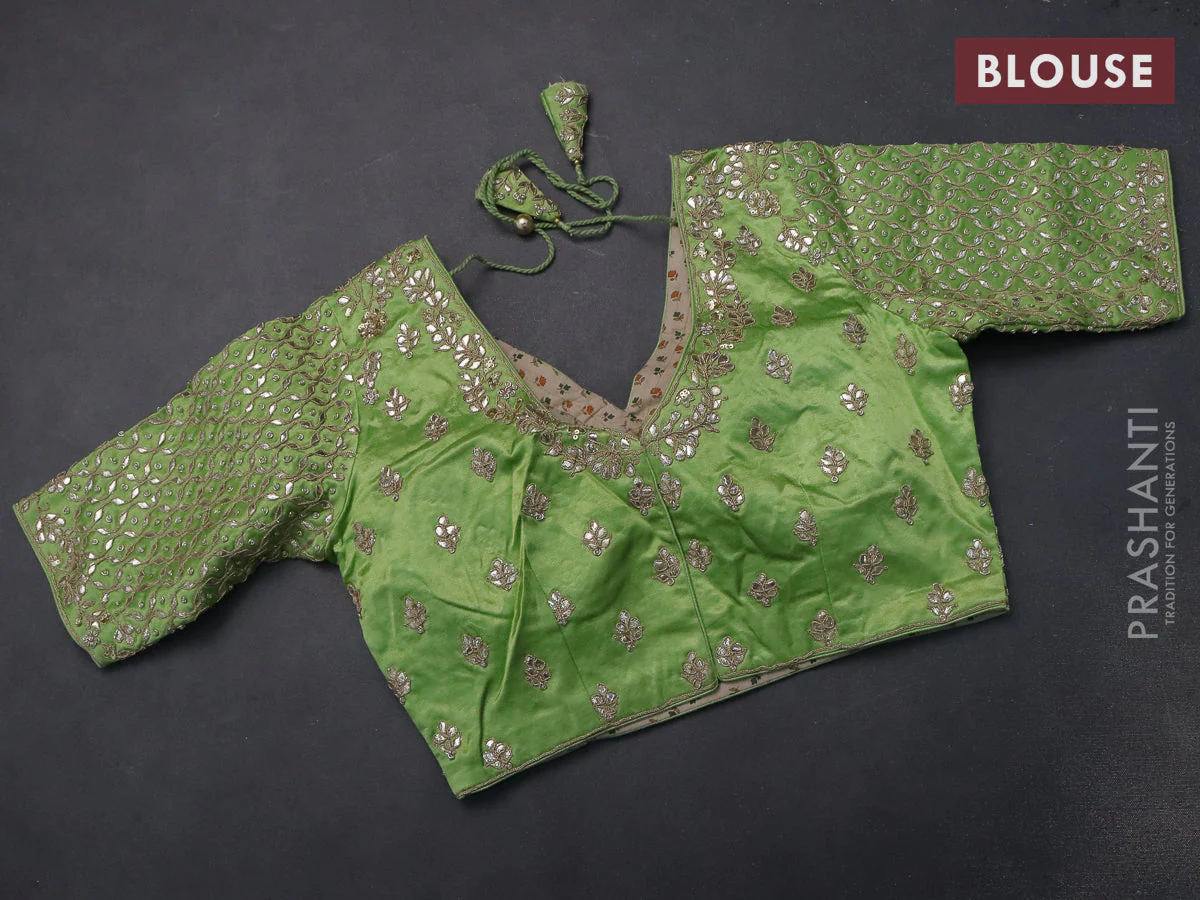 Tissue silk saree pista green with silver & gold zari stripes - Image 5