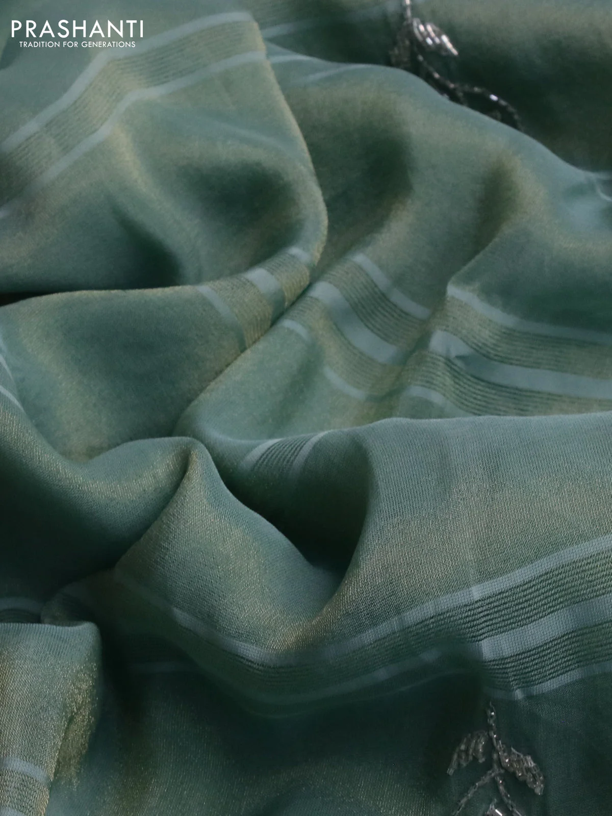 Tissue silk saree teal blue with embroidery work buttas and sequin & beaded work border - Image 3