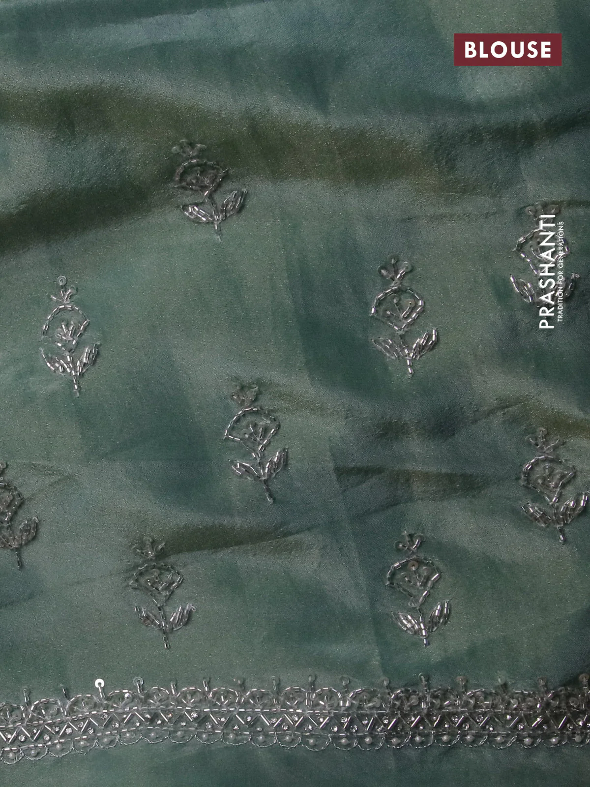 Tissue silk saree teal blue with embroidery work buttas and sequin & beaded work border - Image 4
