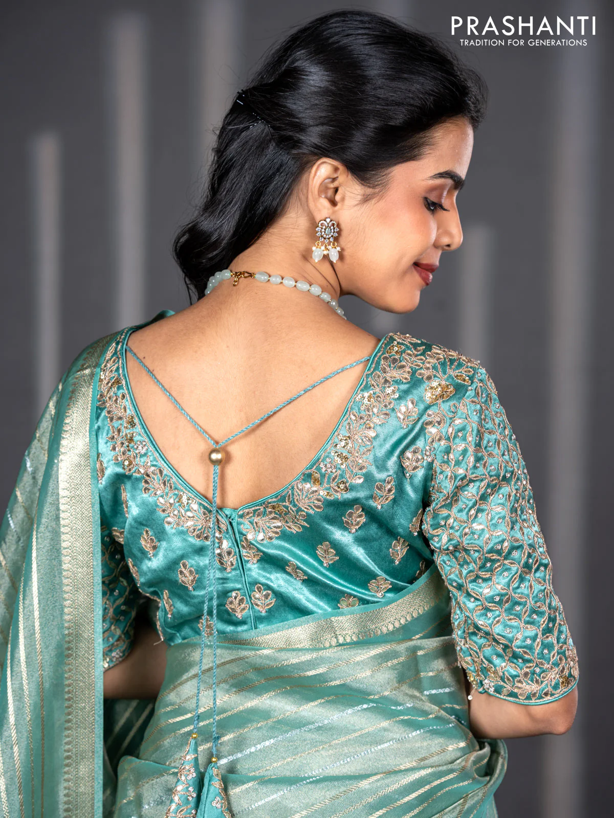 Tissue silk saree teal shade with allover silver & zari weaves and zari woven border - Image 6
