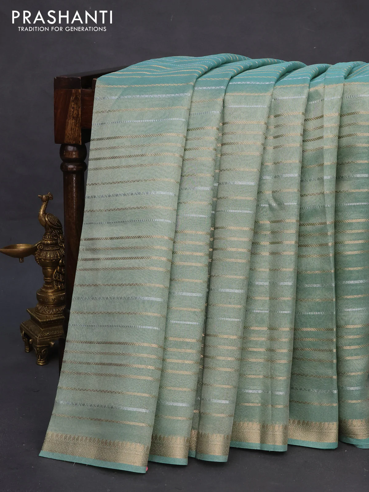 Tissue silk saree teal shade with allover silver & zari weaves and zari woven border - Image 7