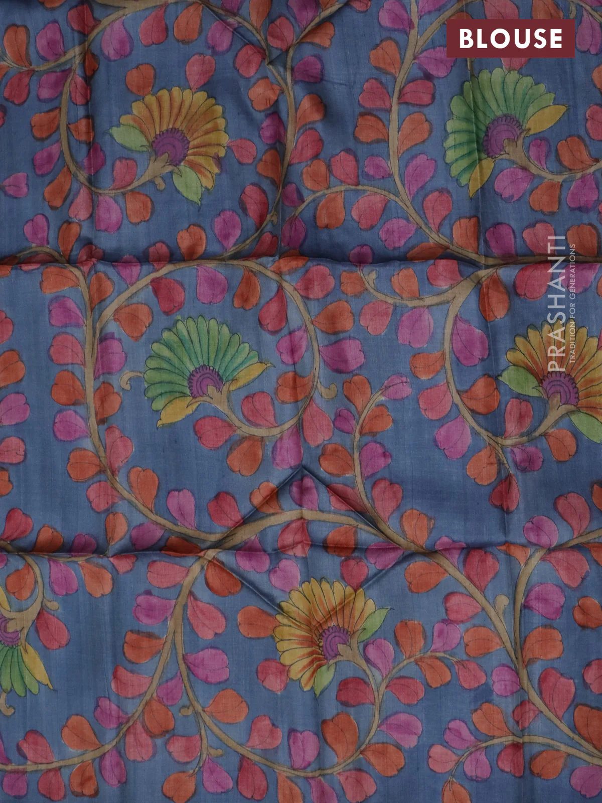 Tussar blouse piece bluish grey with kalamkari hand painted prints - Image 2