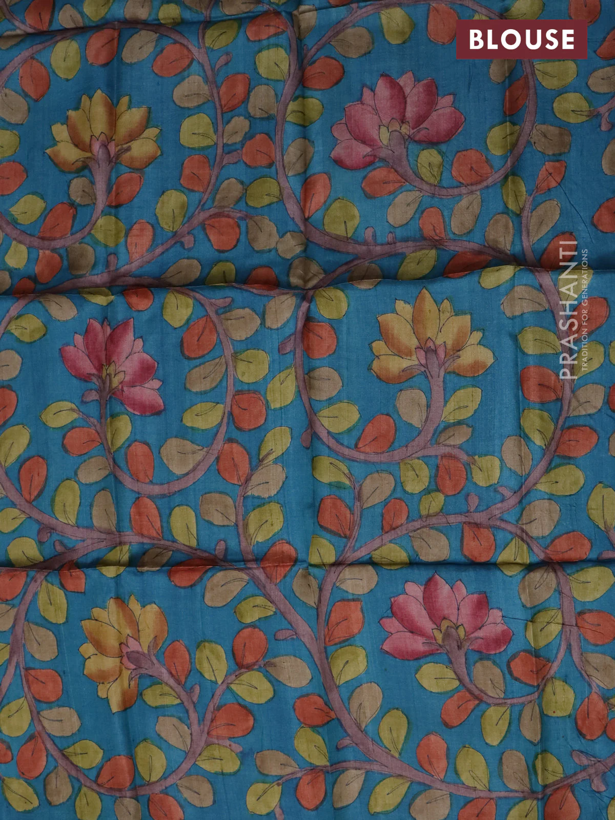 Tussar blouse piece cs blue with kalamkari hand painted prints - Image 2