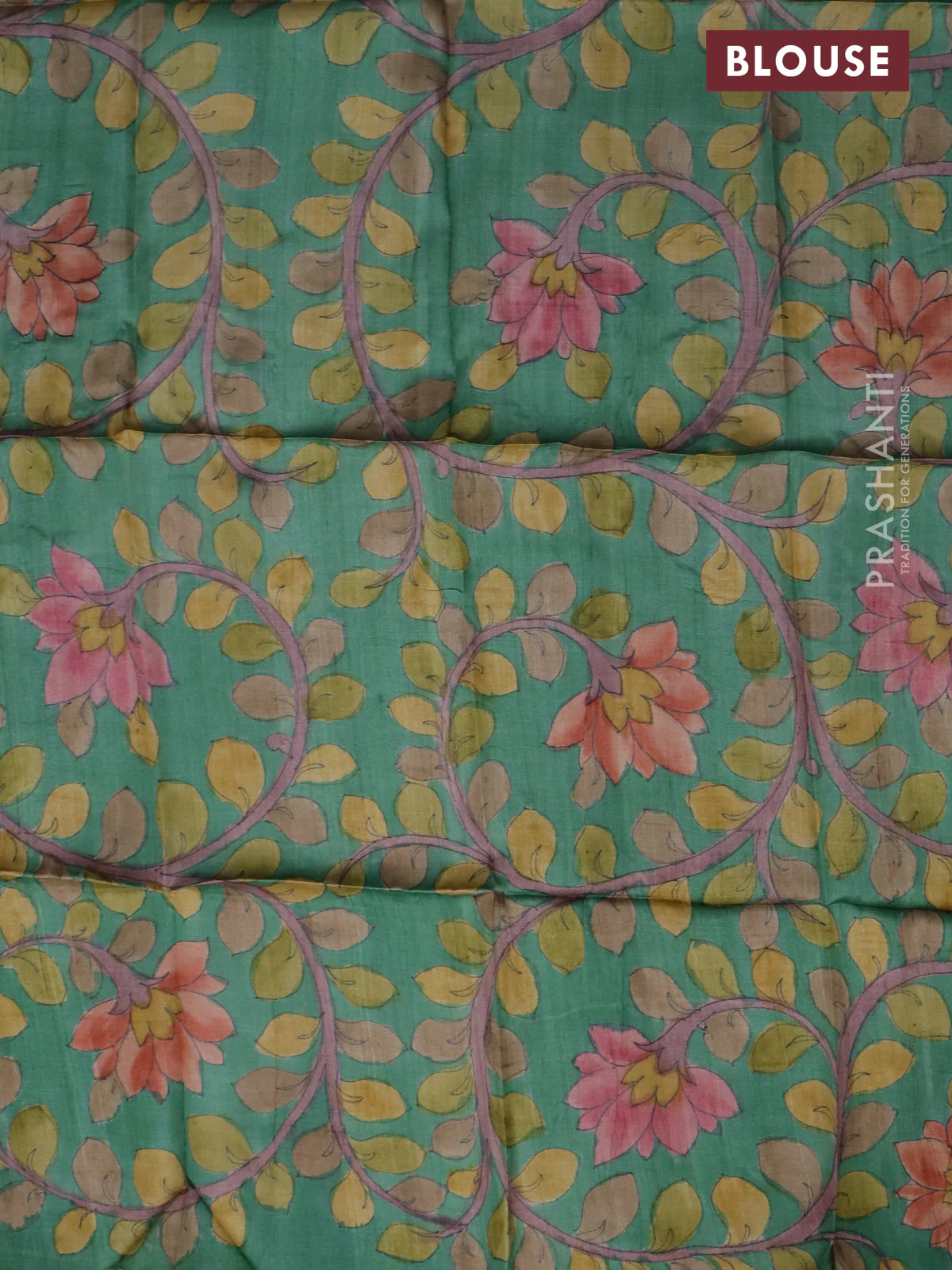 Tussar blouse piece green with kalamkari hand painted prints - Image 2
